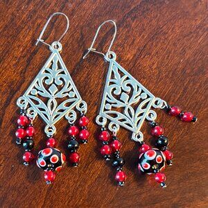 Handmade Chandelier Earrings - Red & Black Filigree